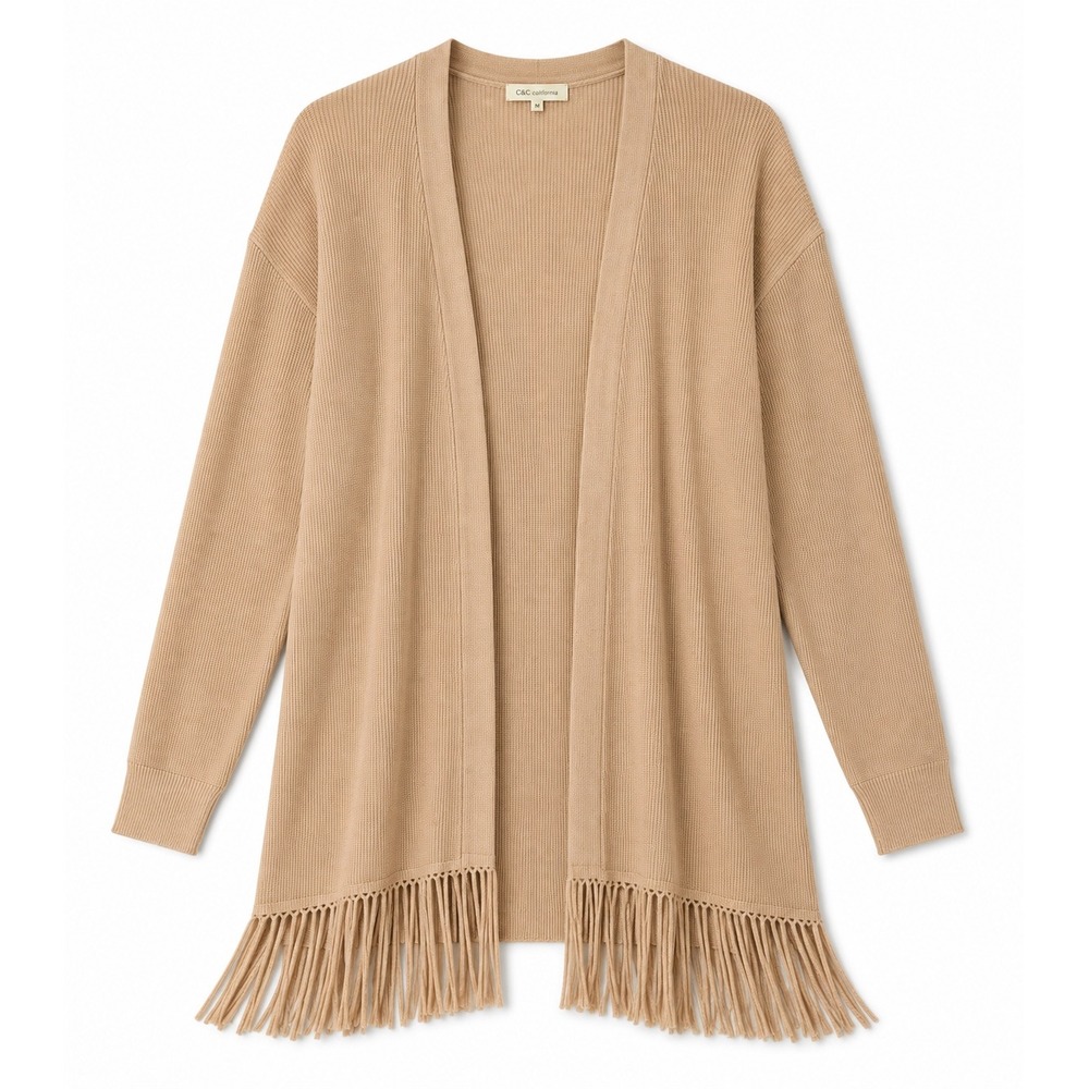 G by Giuliana Cardigan Women Large Beige New Macrame Fringe Ribbed Boho Longline
